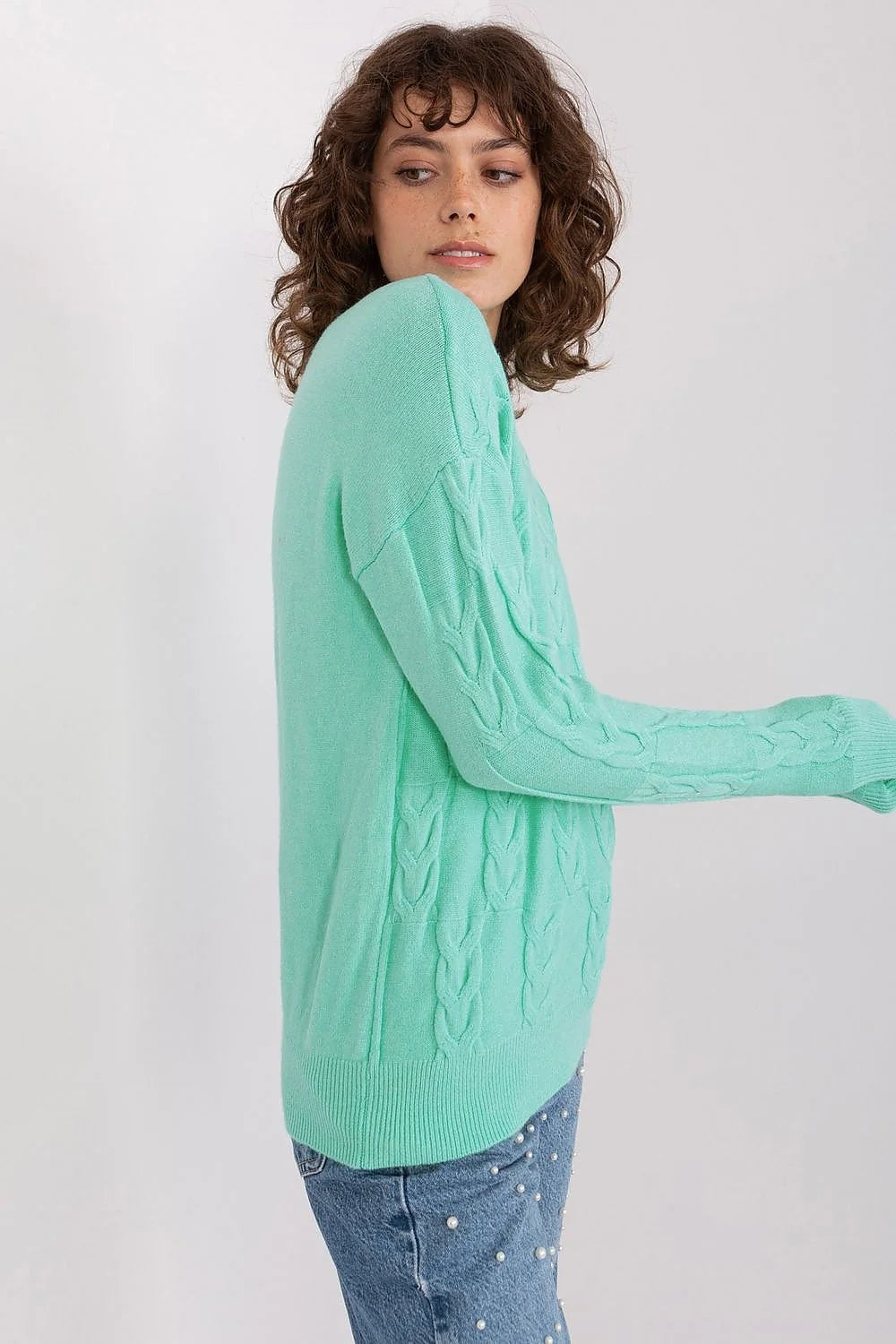 Chandail pour femme classique élégant en vert menthe maille douce motif côtelé manches longues col rond coupe ample