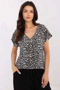 Chemisier femme motif léopard court manches col V style casual chic polyester coton blanc noir occasionnels