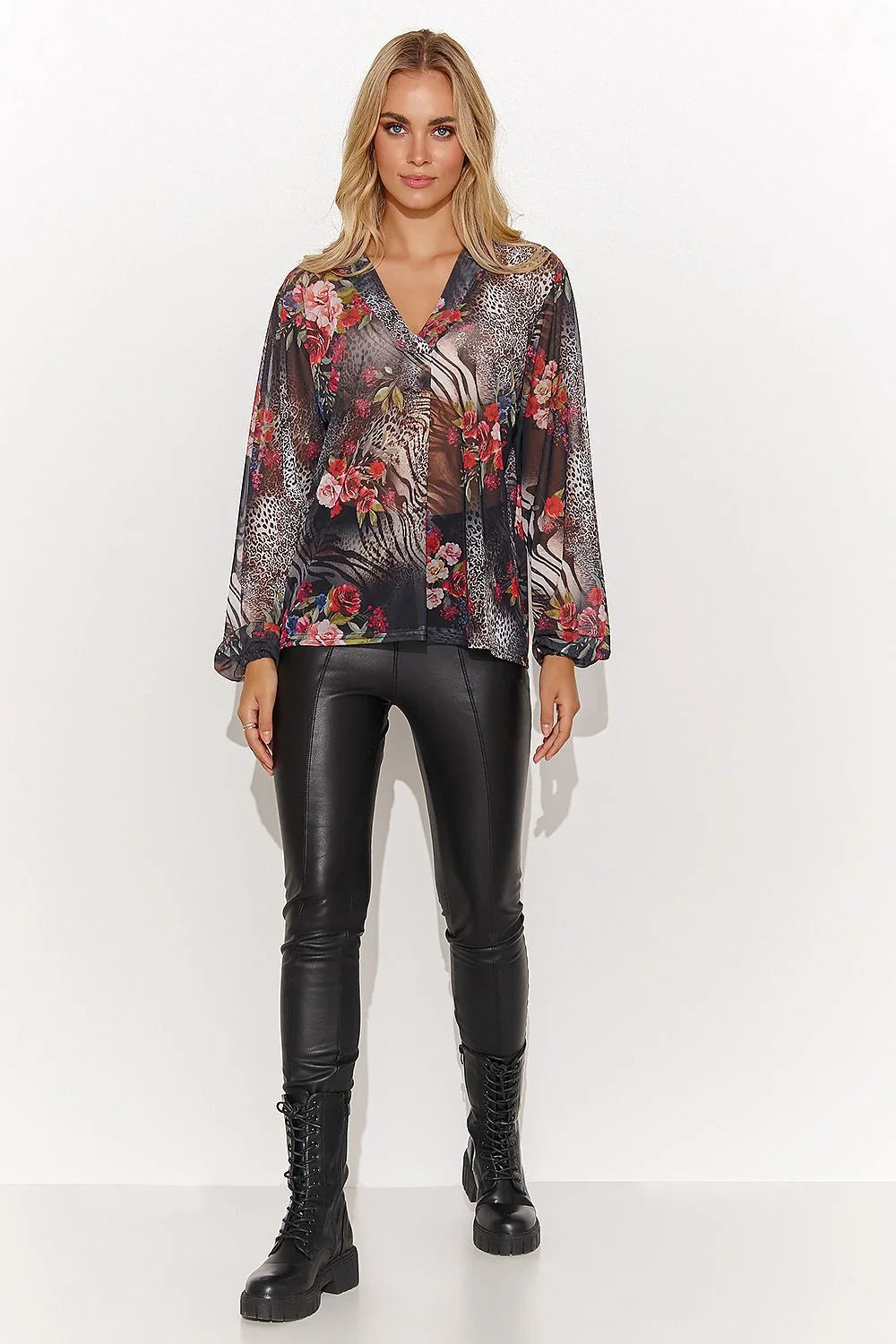 Chemisier femme Makadamia coupe ample motifs animaliers et floraux manches longues tissu fluide couleur noire et gris occasion spéciale