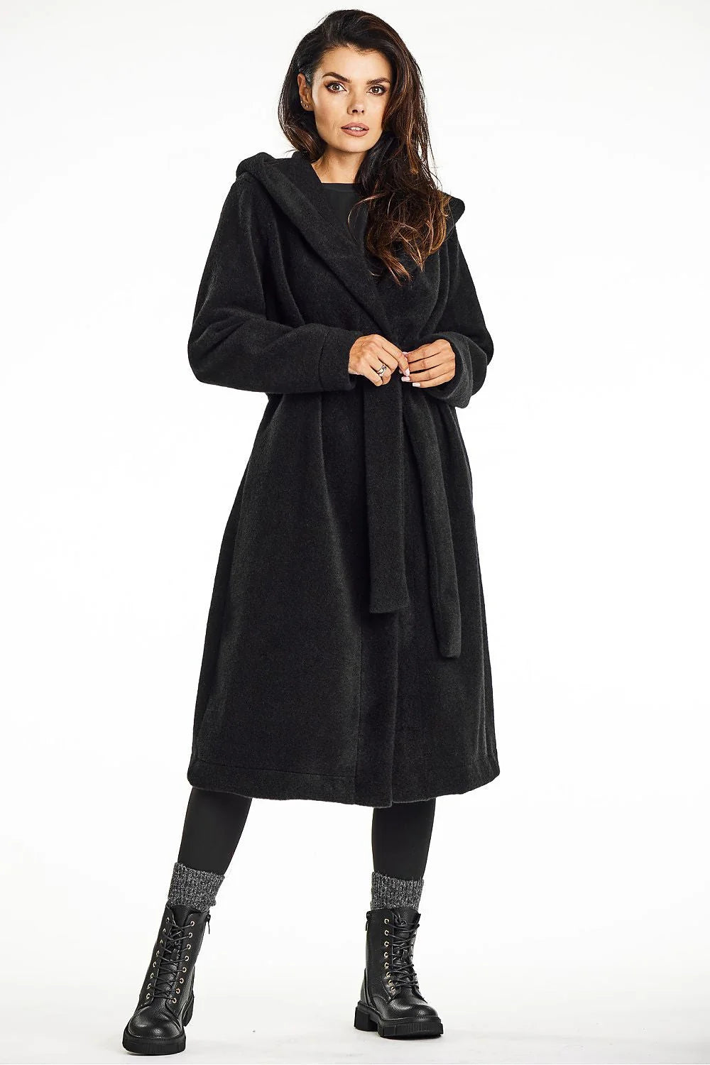 Manteau pour femme long noir à capuche et col châle en maille ourson AWAMA automne élégance style décontracté taille ajustable confort