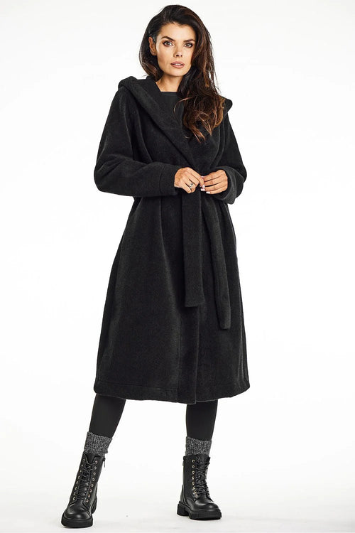 Manteau pour femme long noir à capuche et col châle en maille ourson AWAMA automne élégance style décontracté taille ajustable confort