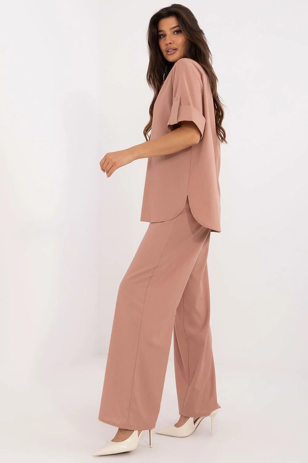 Lakerta ensemble femme deuxpieces chemise boutonnée manches retroussées col classique encolureV pantalon palazzo taillehaute large fluide rosepoudré oversize minimaliste polyvalent