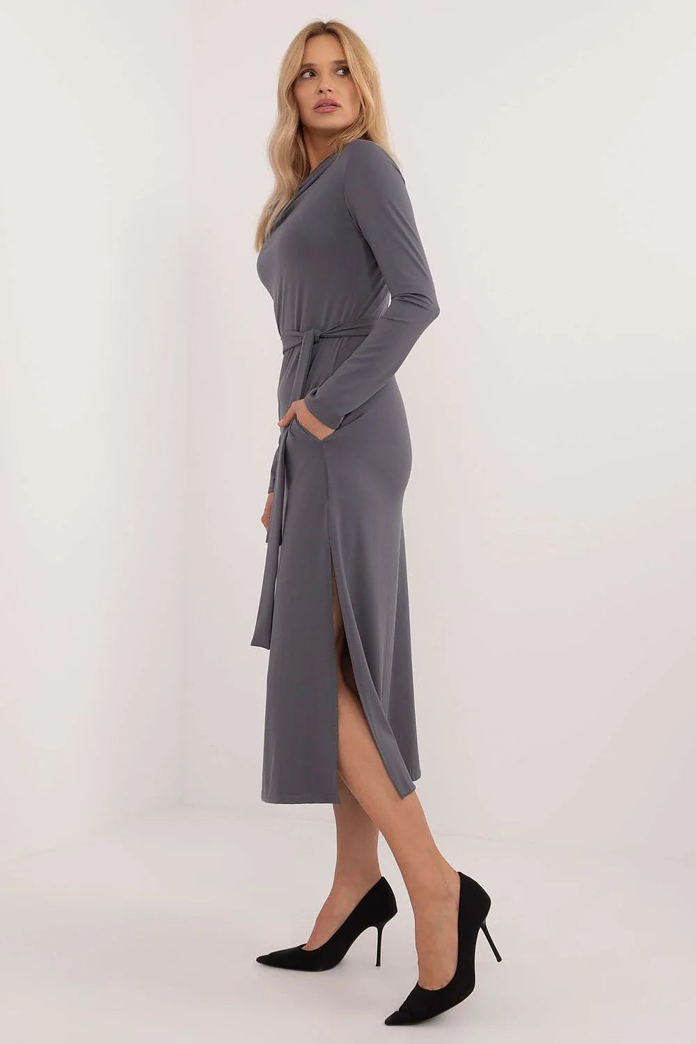 Robe élégante pour femme mi-mollet longue manches longues col bénitier ceinture ajustable matière confortable Lakerta