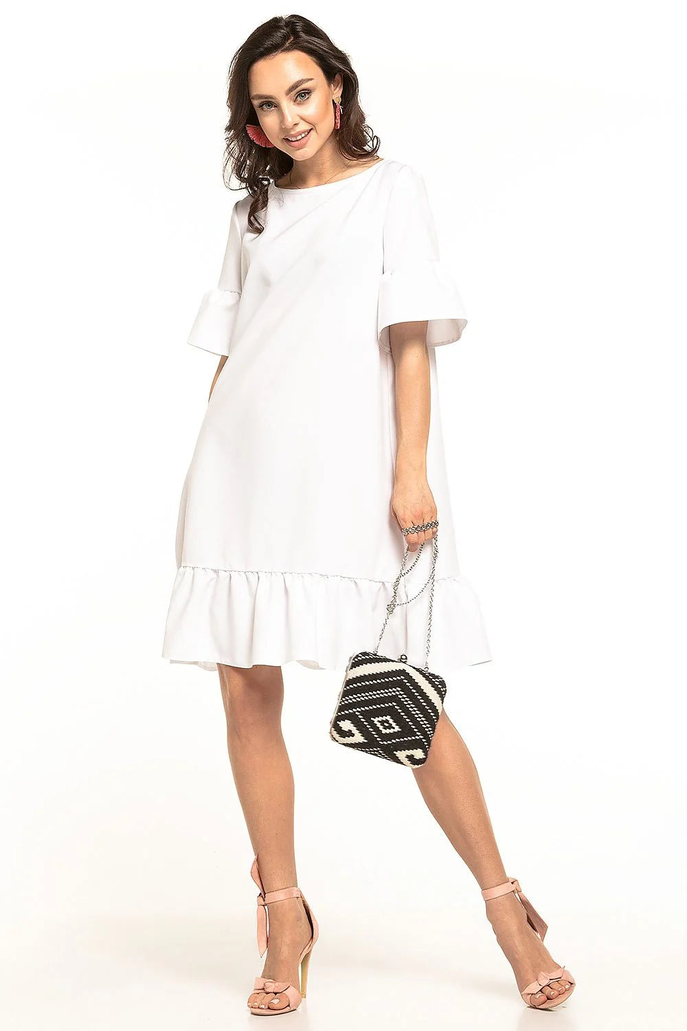 robe Tessita polyester élasthanne élégante bleu clair coupe trapèze courte col rond nœud manches volants ourlet froncé fluide confortable estivale