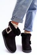 Bottines de neige élégantes pour femmes en cuir suédé noir, fourrure synthétique, boucle strass, semelle caoutchouc, design classique, confort hiver, mode automne/hiver