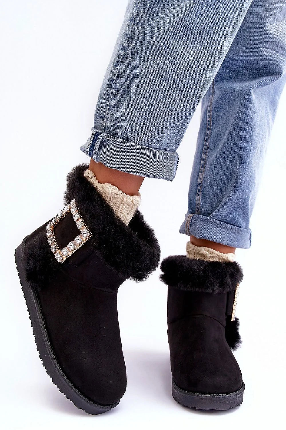 Bottines de neige élégantes pour femmes en cuir suédé noir, fourrure synthétique, boucle strass, semelle caoutchouc, design classique, confort hiver, mode automne/hiver