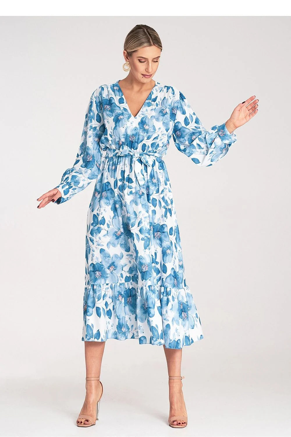Robe de jour Figl, robe maxi en polyester, décolleté en V, manches longues, motif floral bleu, taille ajustable, femme, S/M
