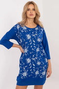 Robe femme moderne casual motif floral abstrait bleu tissu doux manches 3/4 col rond coupe semi-ajustée confortable