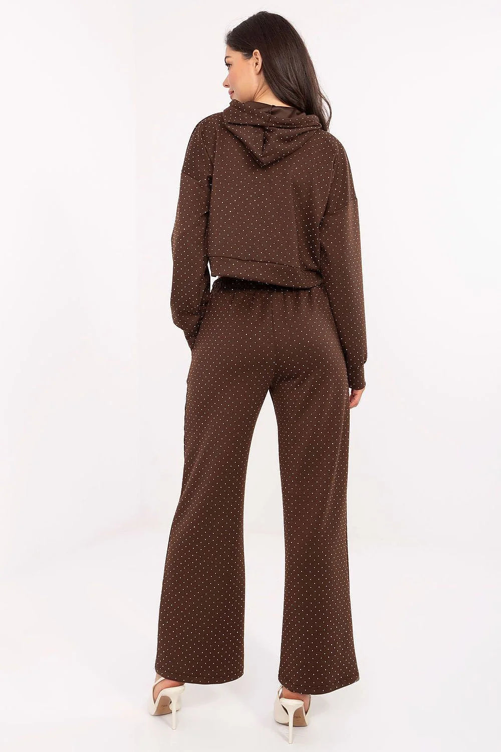 ensemble survêtement femme crop capuche cordons contrastants marron chocolat micro pois blancs molleton doux viscose polyester stretch strass brillant