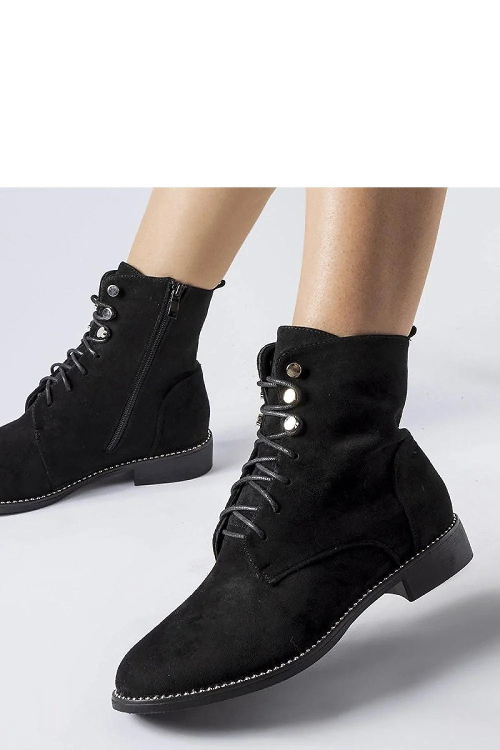 Bottines élégantes femmes design moderne éco-suède noir coupe haute cheville fermeture laçage argenté occasion quotidienne chic