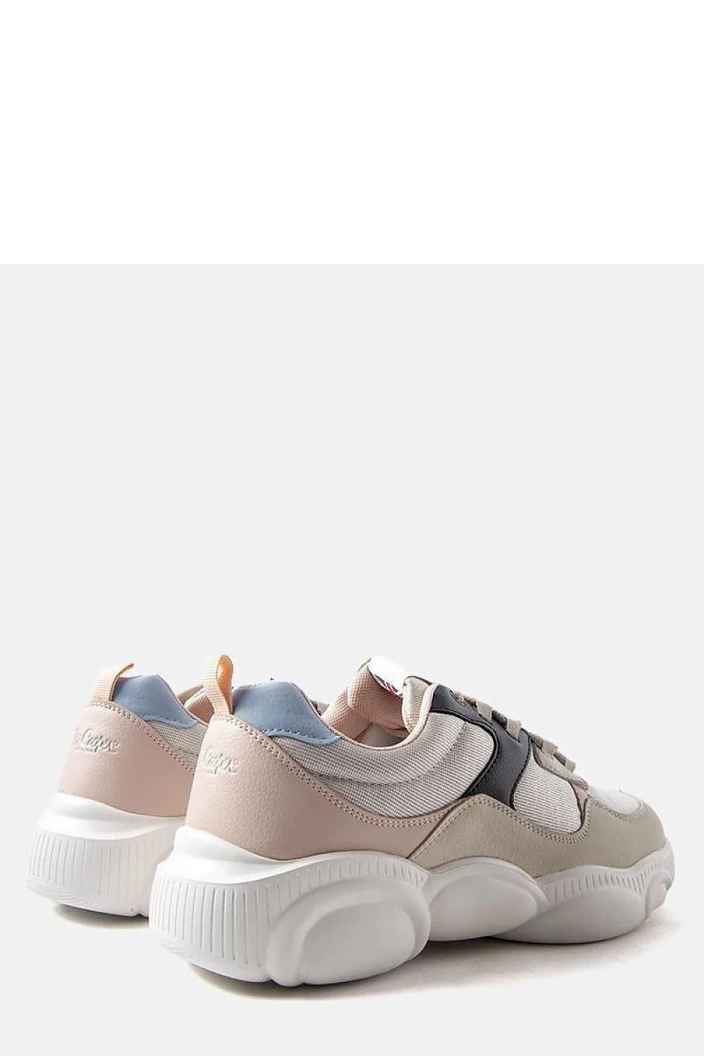baskets chunky femme sneakers tige mixte mesh beige clair suède synthétique rose poudré insert noir col bleu ciel