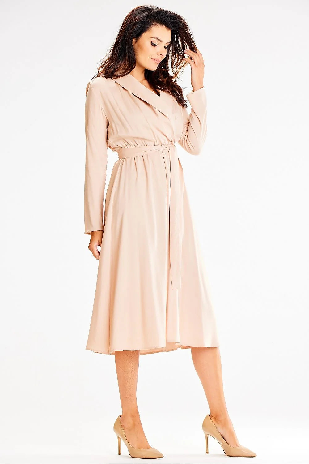 Robe élégante awama en viscose élasthanne manches longues col châle ceinture élastique beige femmes taille S M L XL
