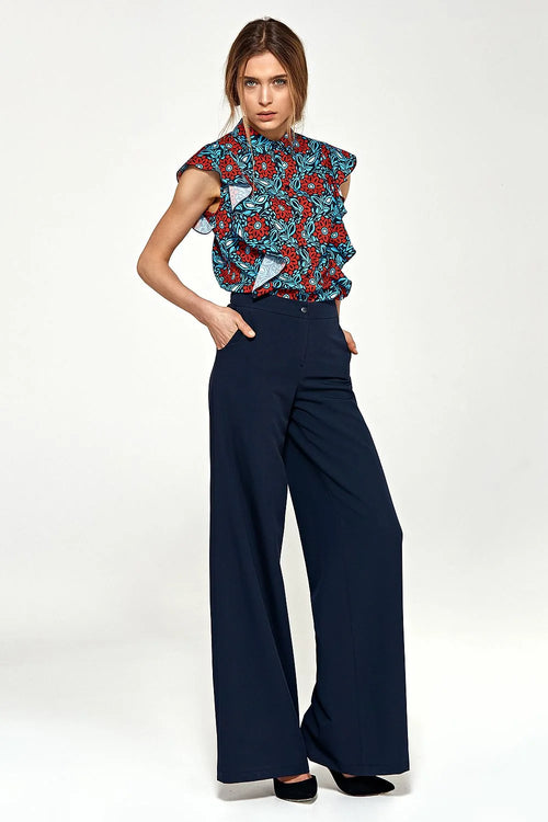 pantalon long bleu marine palazzo taille haute jambes larges poches latérales fermeture boutonnée tissu viscose polyester elasthanne élégant confortable