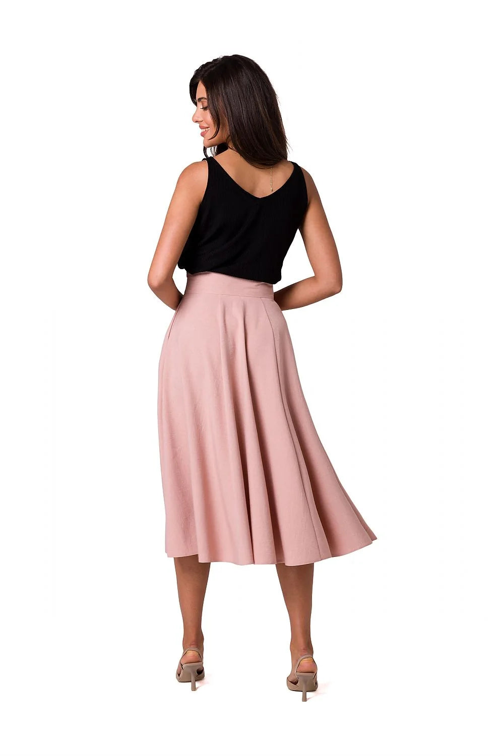 Jupe midi évasée taille haute ceinture intégrée boutons décoratifs dorés polyester fluide tombé léger rose poudré noir trapèze plissée