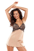 Chemisier sexy Axami dentelle noire floral satin beige bustier élastique dos croisé ajustable string inclus L