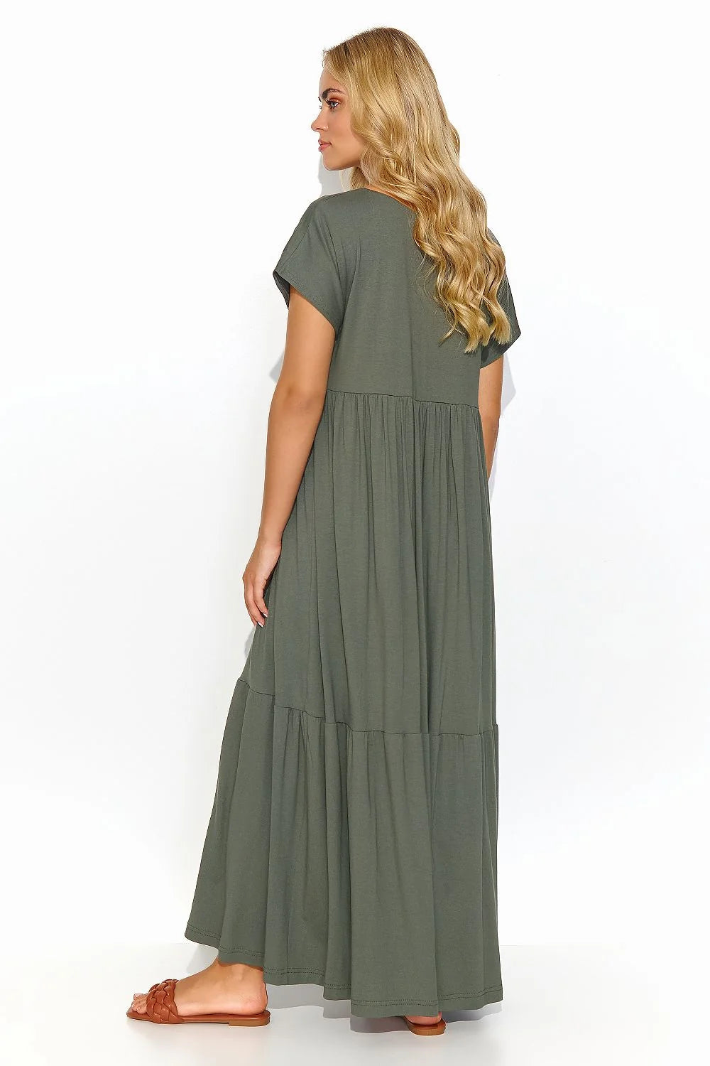Robe de jour Makadamia longue ample en viscose vert olive col V manches courtes style décontracté femme