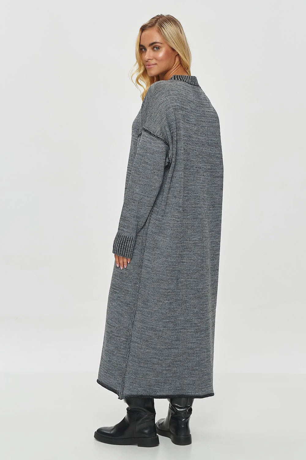 robe pull longue maxi tricotée gris chiné oversize coupe droite manches bouffantes bordcôtes col rond cheville douce chaude