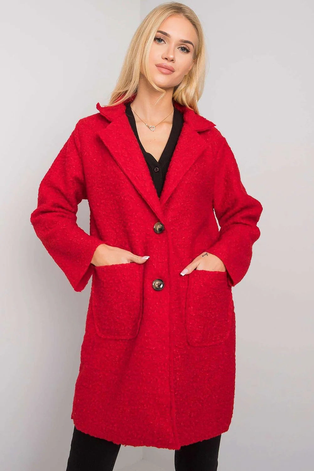 Manteau femme bouclé noir moderne ample polyester poches style décontracté automne hiver tendance élégante