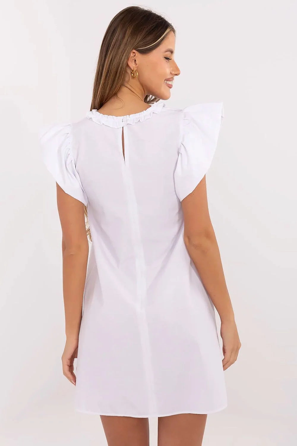 Robe féminine élégante évasée manches courtes volants encolure ronde coton blanc genoux femmes polyvalente