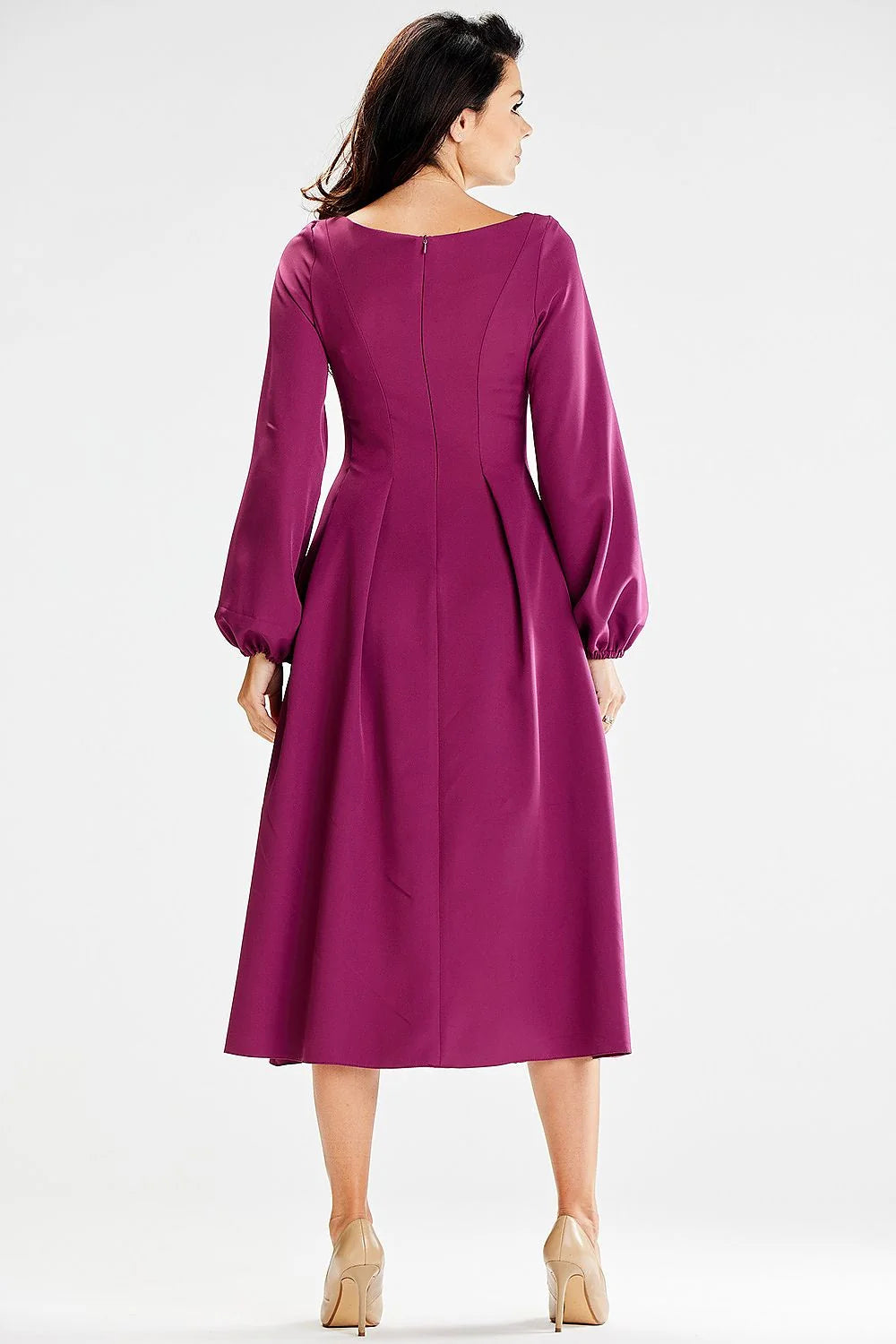 Robe élégante pour femmes en magenta longueur moyenne manches longues col montant coupe A-line fermeture zip dos