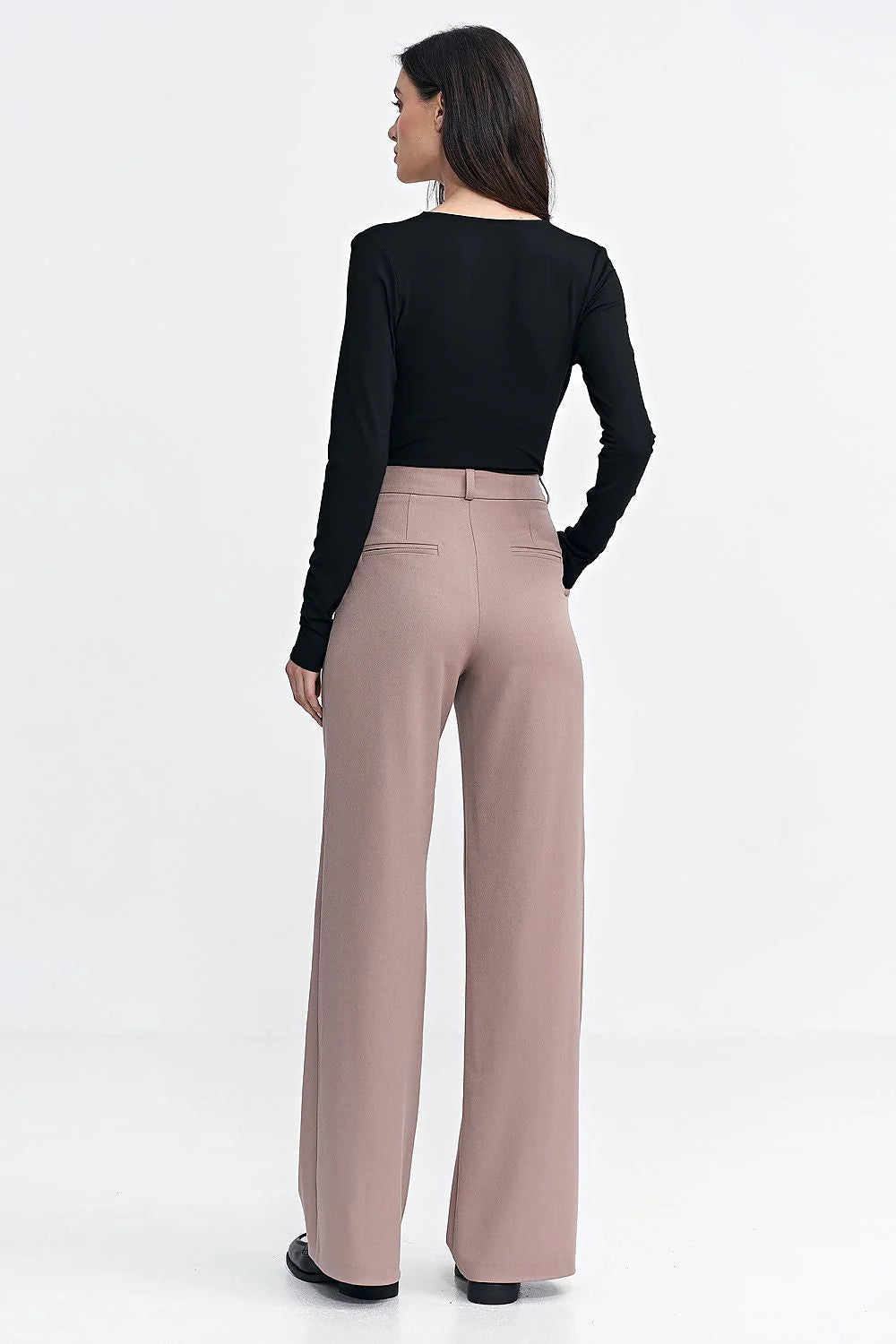 Pantalon femme long coupe ample haute taille large beige rosé fermeture éclair poches latérales polyester