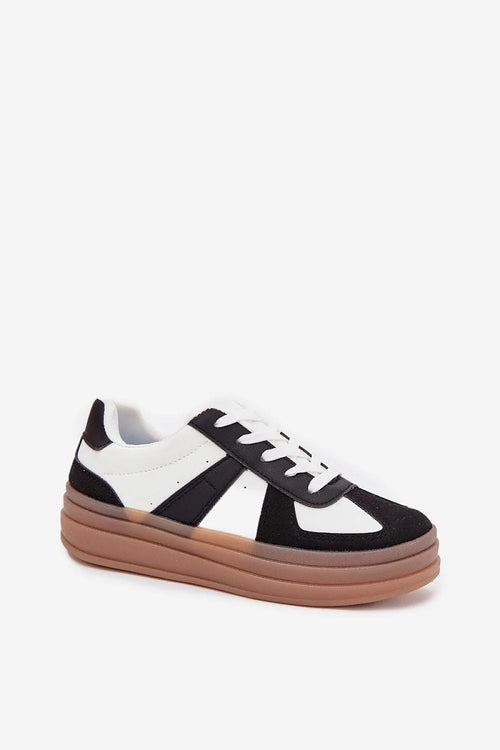 baskets femme sneakers lowtop lacets bicolore noir blanc simili cuir synthétique plateforme épaisse gomme brun semelle intérieure amovible