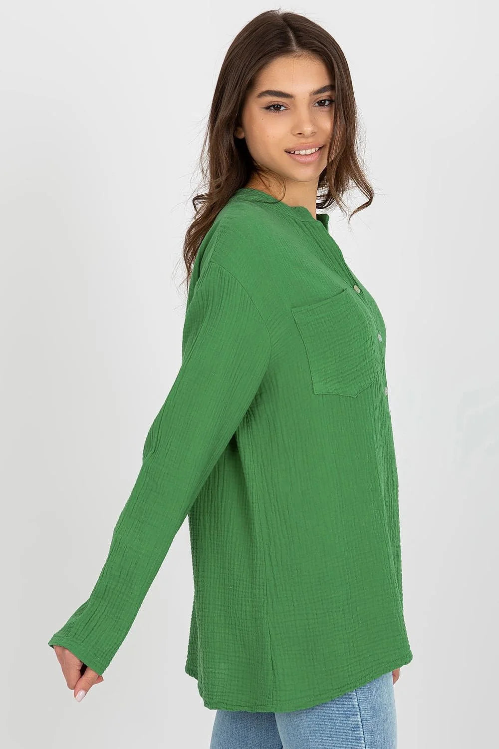 Chemisier Och Bella en coton vert vif col Mao manches longues poche texture gaufrée femme