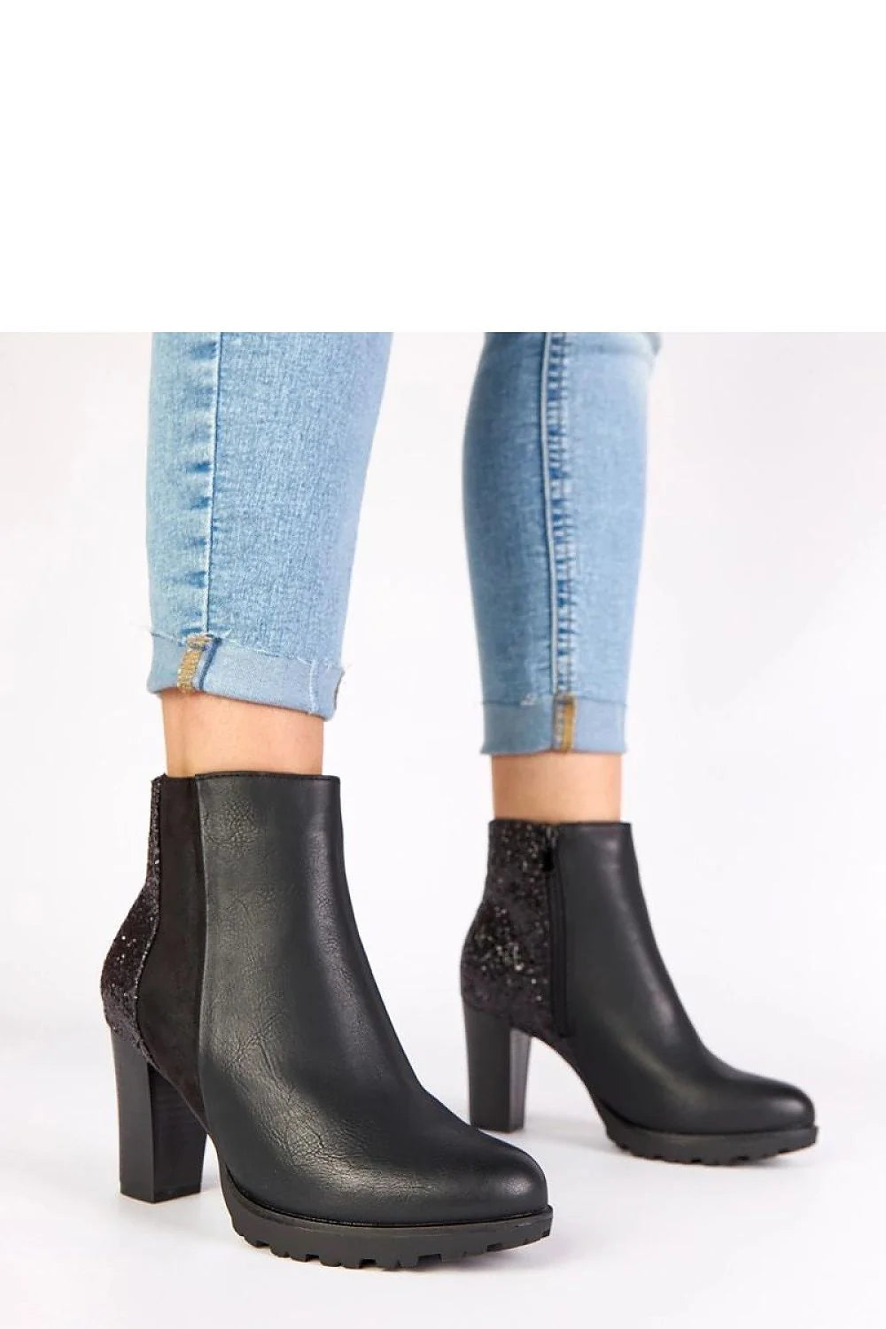 bottines noires femme montantes talon 8cm carré stable similicuir pointe amande dos brocart ambre suède pailleté semelle crantée antidérapante confort