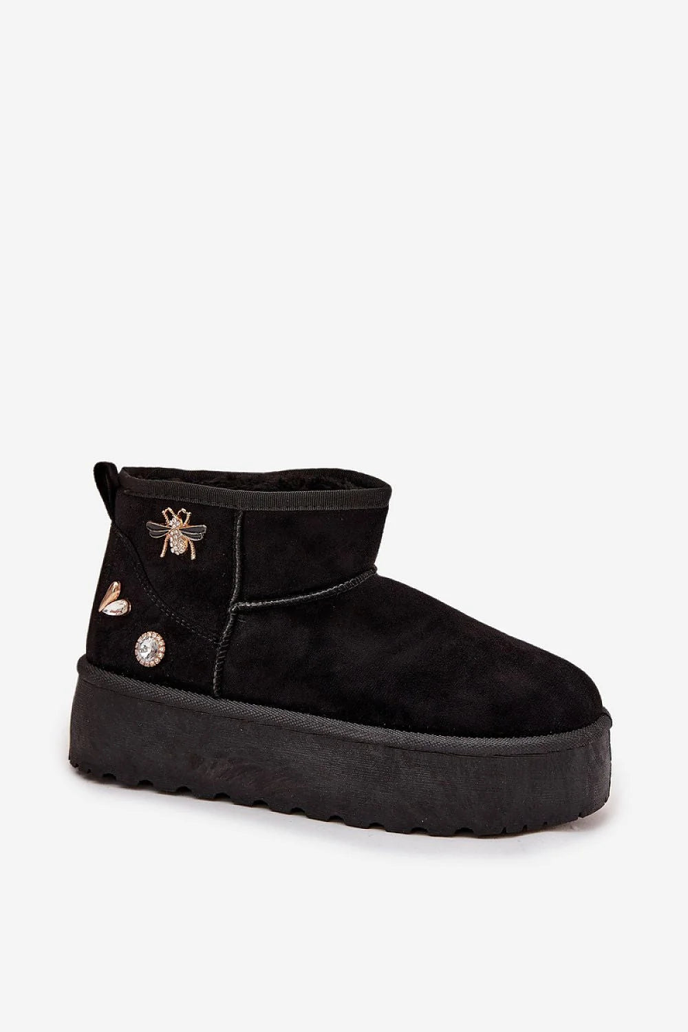 bottes neige femme suédine écologique noir plateforme caoutchouc semelle crantée épaisse doublure fourrure chaude confortable ornements strassés sanslacets