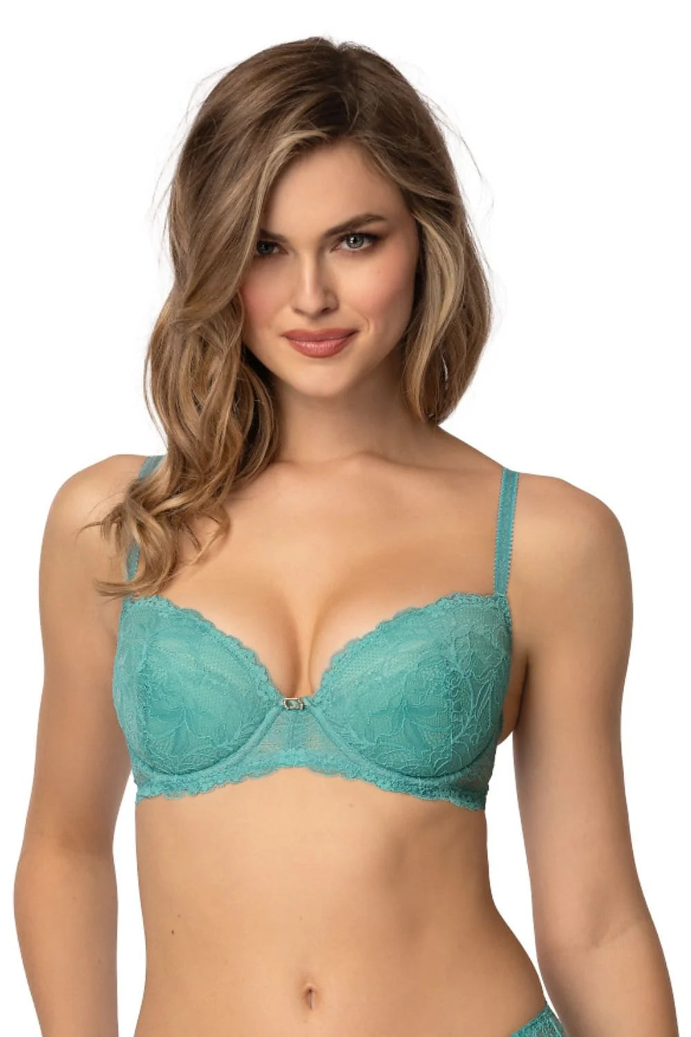 soutien gorge pushup turquoise balconnet armatures rembourré dentelle florale bonnets structurés bijou central bretelles réglables culotte taille basse maintien confortable