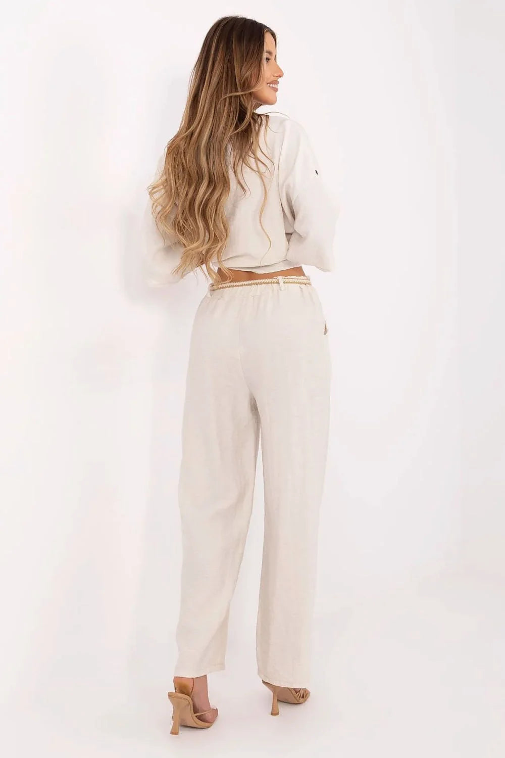 Pantalon femme Italy Moda style boho high waist large legs viscose lin sans fermeture beige