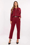 ensemble femme bordeaux maille extensible viscose élasthanne sweat zippé col mao pantalon taille haute fuselé poches cargo ceinture boucle dorée