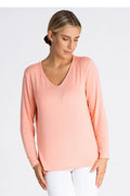 Chemisier pour Femme Style Casual Élégant Manches Longues Col en V Couleur Rose Pêche Douce Matière Léger Confortable