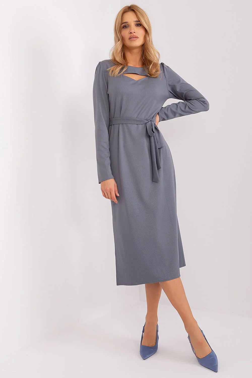 Robe longue élégante manches longues ceinture intégrée tissu fluide couleur gris clair occasion多formelle femme
