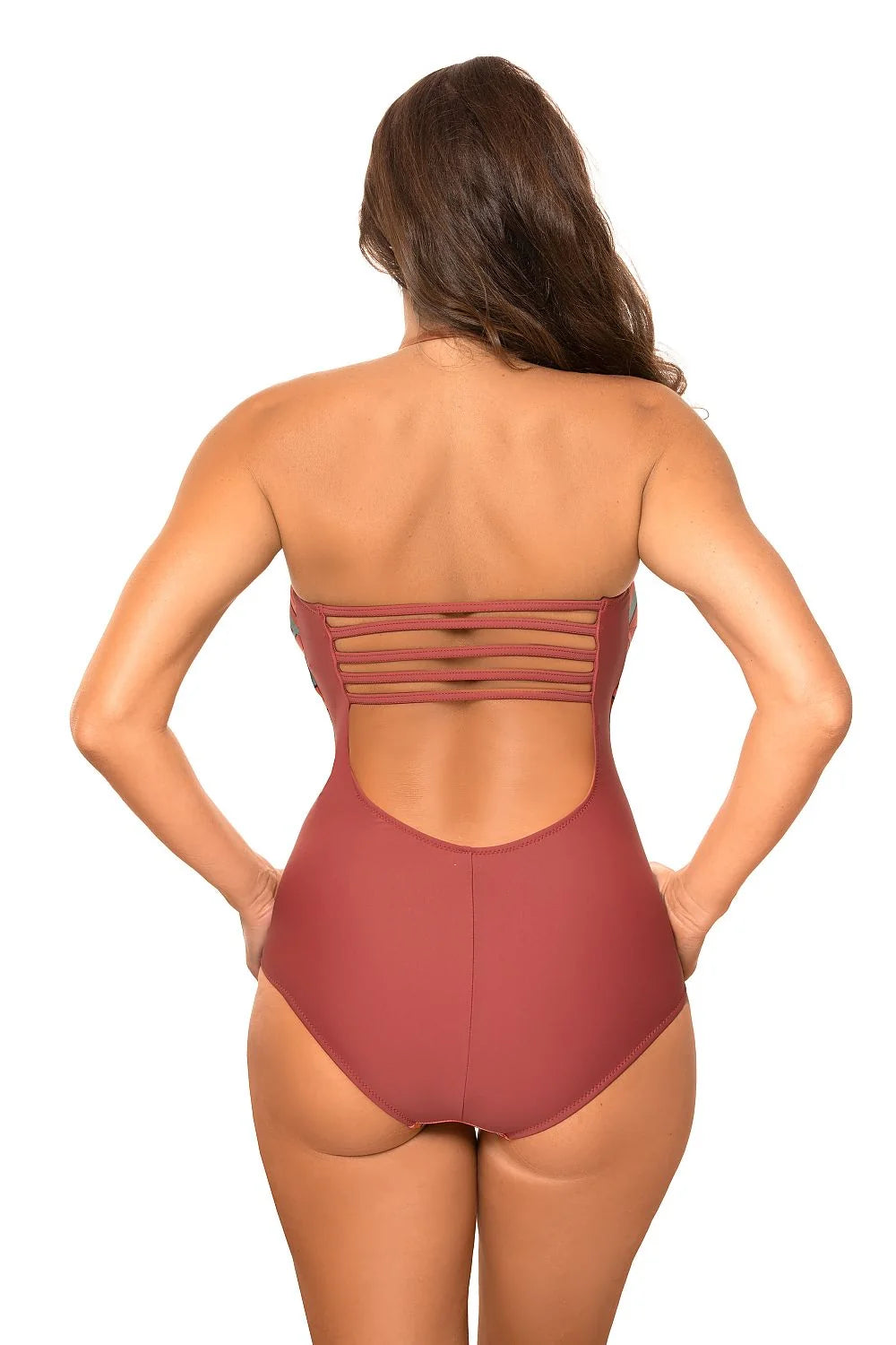 Maillot de bain une pièce pour femme en tissu italien Carvico Tessuti avec bretelles ajustables et motifs de rayures vibrantes vert olive, orange et noir
