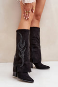 Bottes à talons Step in style en cuir suédé noir écolabellisé haute taille 35.5 cm bout pointu motif flamme argenté femmes