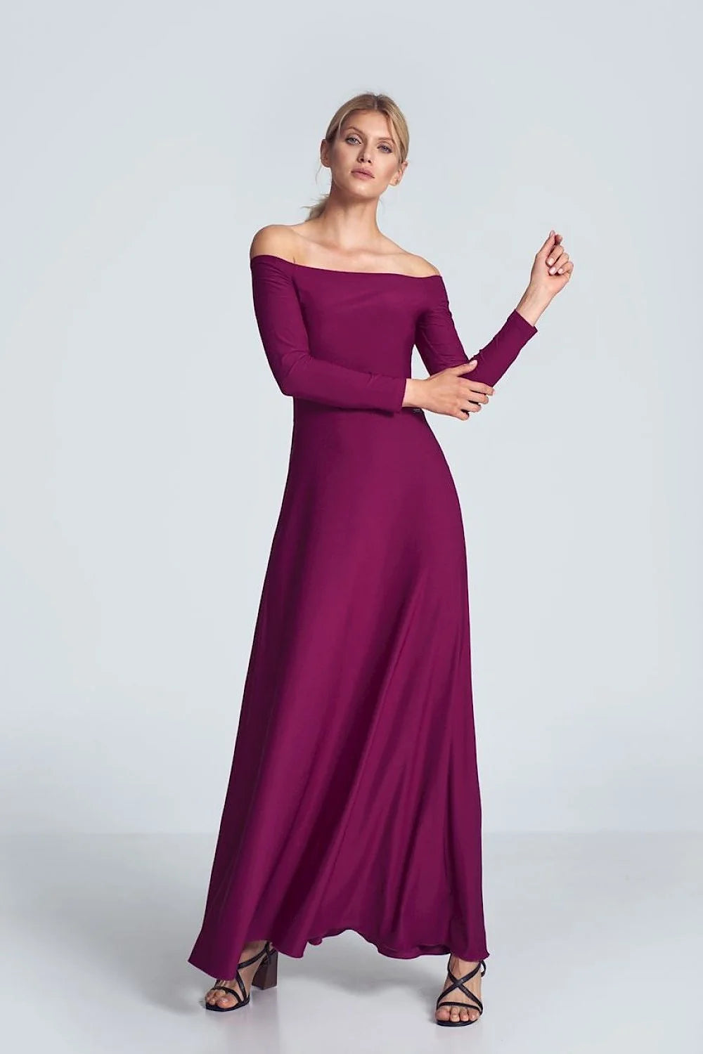 Robe longue polyester élégante magenta épaules dénudées manches longues soirée femme style sophistiqué