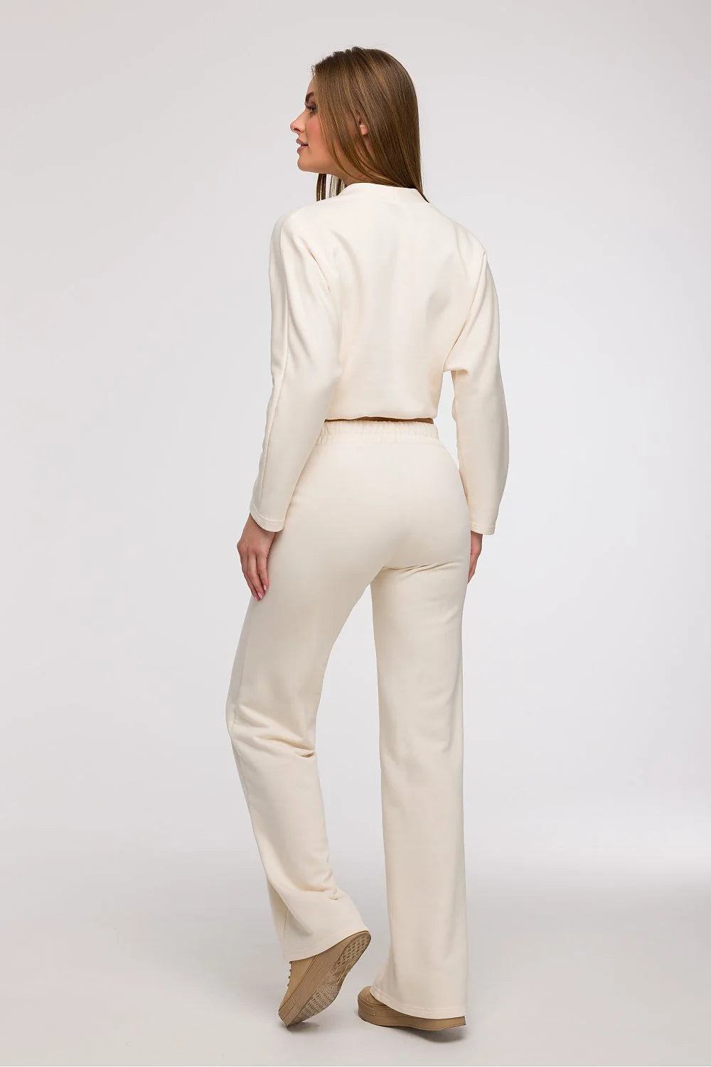 ensemble femme élégant décontracté crème doux stretch cachecoeur encolure V profond manches longues ample taille haute ceinture élastiquée jambes larges