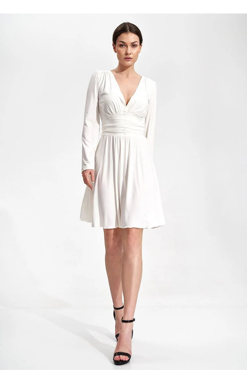 Robe de jour élégante évasée genou manches longues décolleté bateau ceinture boutons sans doublure polyester élasthanne femme