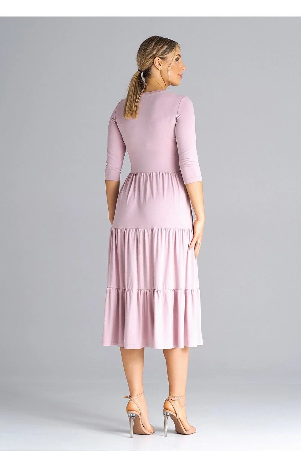 Robe de jour élégante en tissu léger manches 3/4 taille haute fronces à la jupe couleur rose pâle pour femme