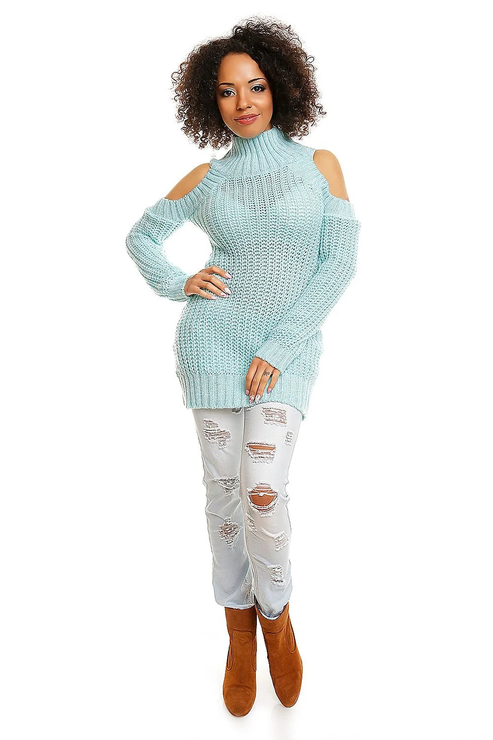 Pull Maille Bleu Clair Épaules Dénudées Chic Confortable Pour Femmes Tendance Hiver Mode Décontractée