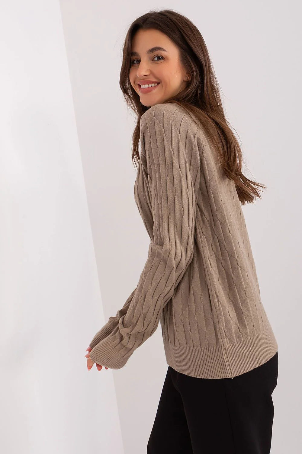 Pullover féminin Chandail AT en polyester taupe à torsades discrètes manches longues encolure ronde ajusté pour automne hiver