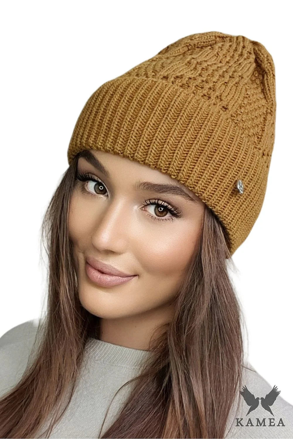Ensemble Kamea pour femme bonnet écharpe camel tricot maille serrée automne hiver style décontracté finitions soignées
