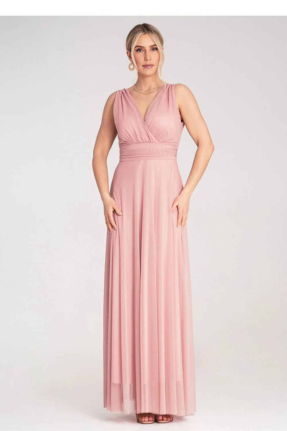 Robe de cocktail élégante sans manches en V dos nu couleur rose poudré tissu mousseline Empire ajustée taille longueur maximale femme
