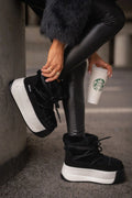 bottes neige femme BigStar suédine noir montantes fourrure intérieure lacées cordon bout rond plateforme épaisse antidérapante chunky urbain isolante chaude