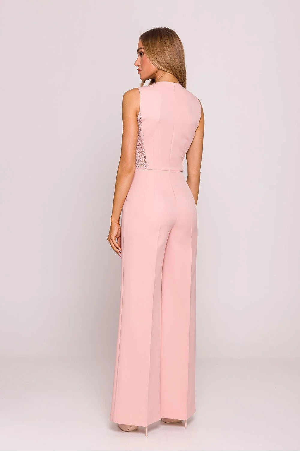 Combinaison élégante pour femme en dentelle rose pâle ajustée taille soulignée manches longues soirée événements