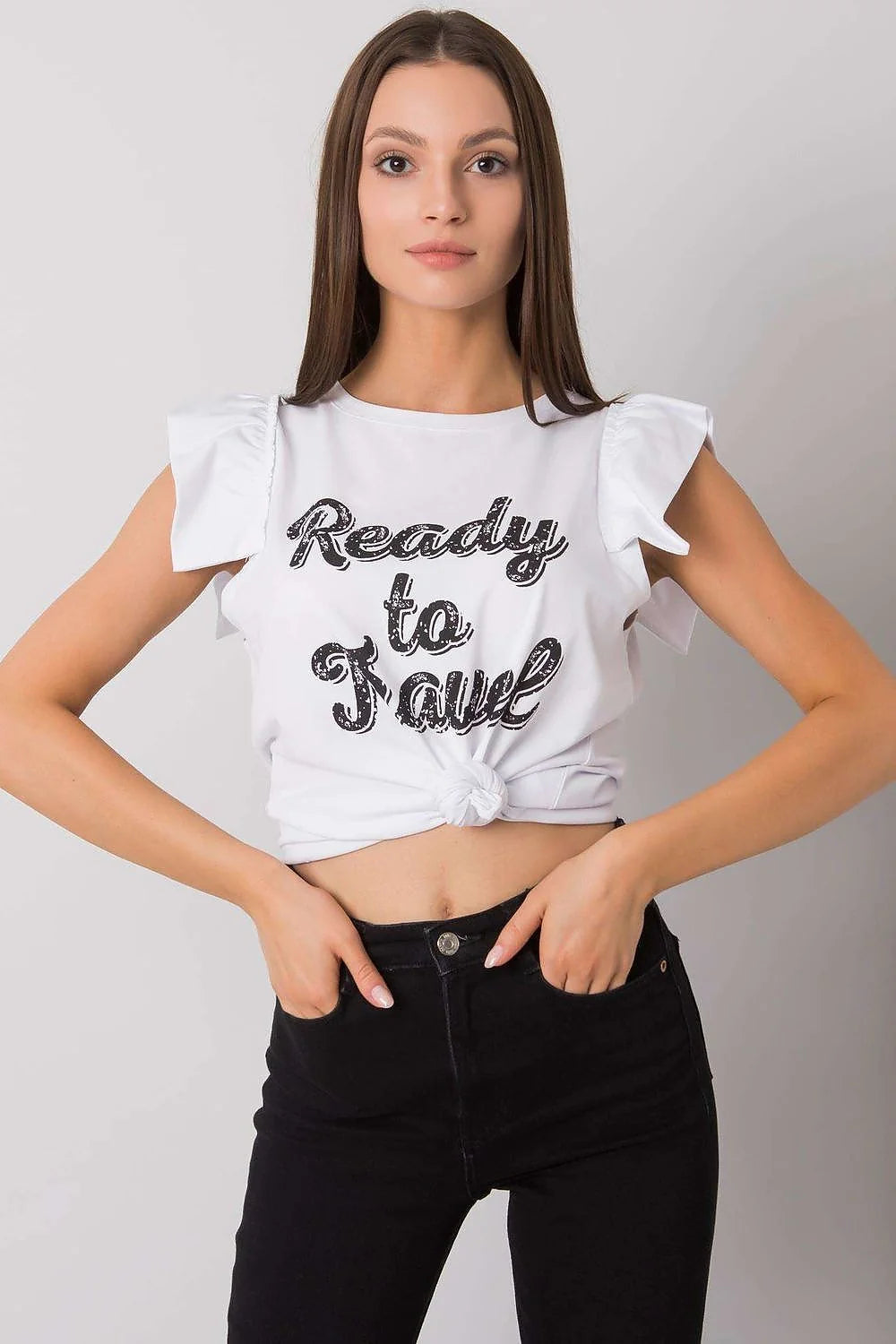 Top mode femme sans manches en coton graphique Ready to Travel ruffle neckline pastel yellow casual chic
