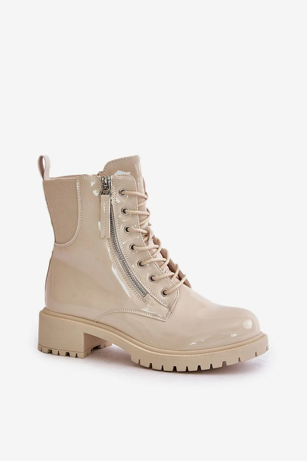 Bottines femmes mode élégance design moderne cuir artificiel beige crème talon plat semelle crantée lacets blancs zippé intérieur chaud