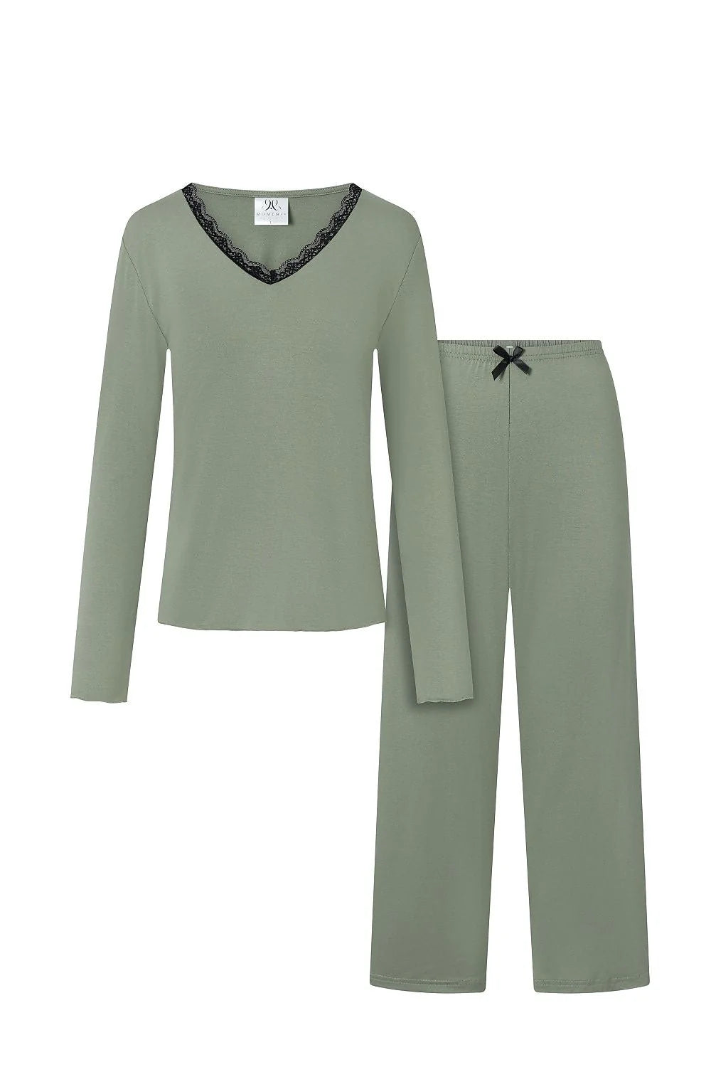Pyjama féminin deux pièces élégant vert olive dentelle noire manches longues coupe droite taille élastique