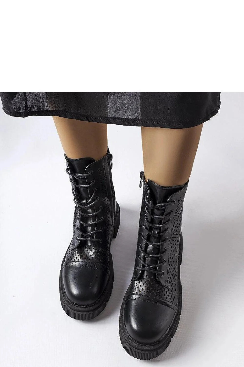 Bottines combat style perforées noires cuir高 qualité fermeture éclair lacets femmes mode urbaine confortable